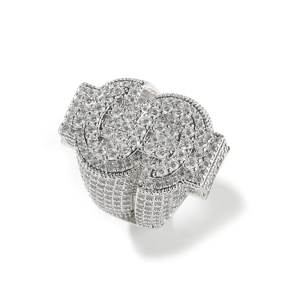 Men's Classic Hip Hop Style Iced Out Pinky Ring 18K Gold with Full Diamond Cut Dollar Symbol Inlay Setting Party Gift