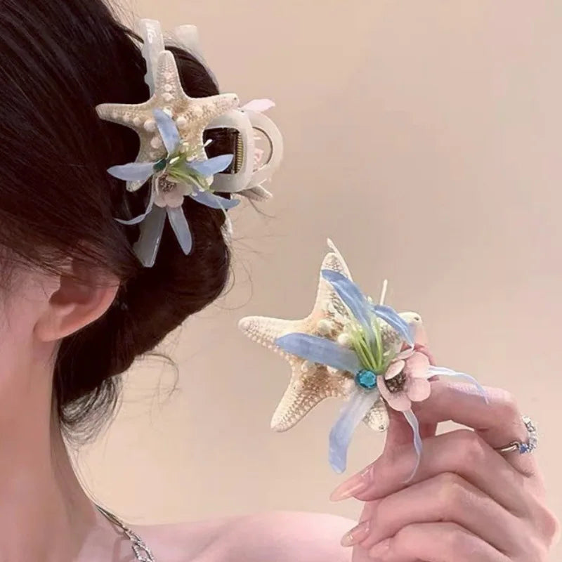 Wholesale Cute and Sweet Style Resin Plastic Starfish Shell Hair Clips Set Pretty Fabric Hairpins for Kids