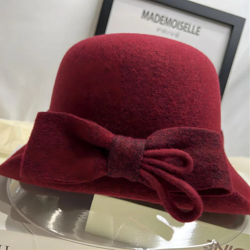 Winter and Autumn Classic Elegant Design New Solid Color Wool Fishermen Hat With Bowknot for Women