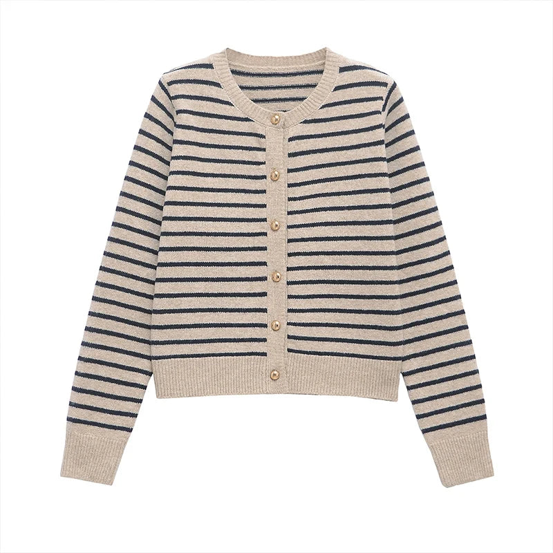 ZATRHMBM Women's Clothing 2025 New Fashion Single-breasted Knitted Jacket Retro Round Neck Long-sleeved Female Sweater
