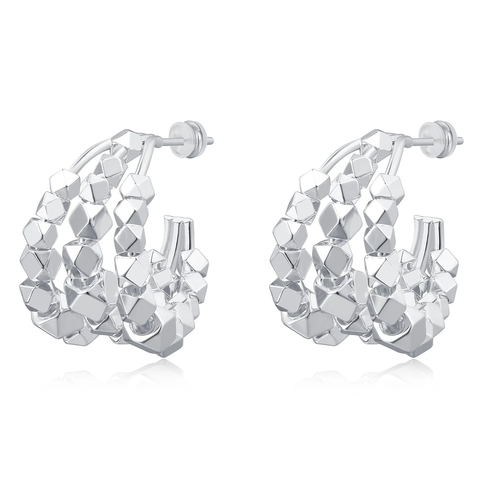 Original Brass Charm Earrings Platinum-Plated C-Shaped Triple-Loop Bead Design Trendy Custom-Made Unisex Jewelry Factory Edition