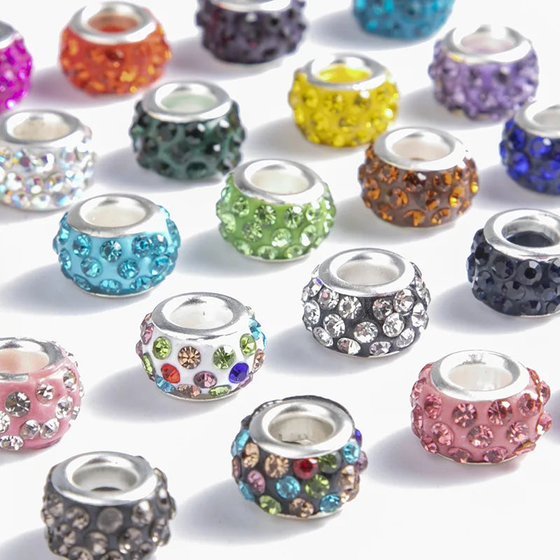 2025 Fashion Wholesale 18K Gold Plated Jewelry Components Large Hole Crystal Beads Clay Rhinestone Spacers Black White Pink Blue