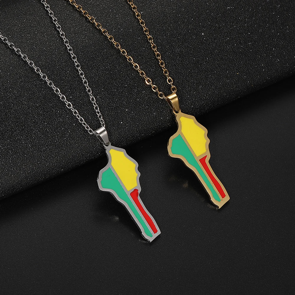 Stainless Steel Enameled Benin Map Charm Link Chain Necklace for Women 18K Gold Plated Beninian Flag Pendant Jewelry Necklace