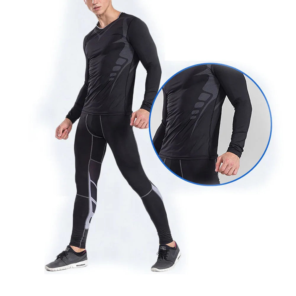 2 Pcs  Long Sleeve Compression Tight Gym Basketball Football Training Sportswear Fitness Sweatsuit Set Baselayer Top Bottom