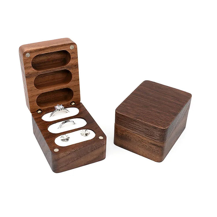 G2386 Custom Engrave Logo Wholesale Wooden Three Ring Box Packaging Three Slots Black Walnut Wood Wedding Ring Jewelry Boxes