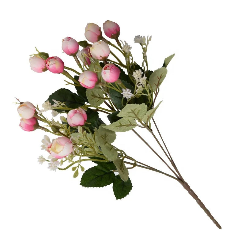 Hot Sale 15 Heads Silk Mini Rose Bushes Artificial Flowers Rose Buds bunch for Wedding Decor