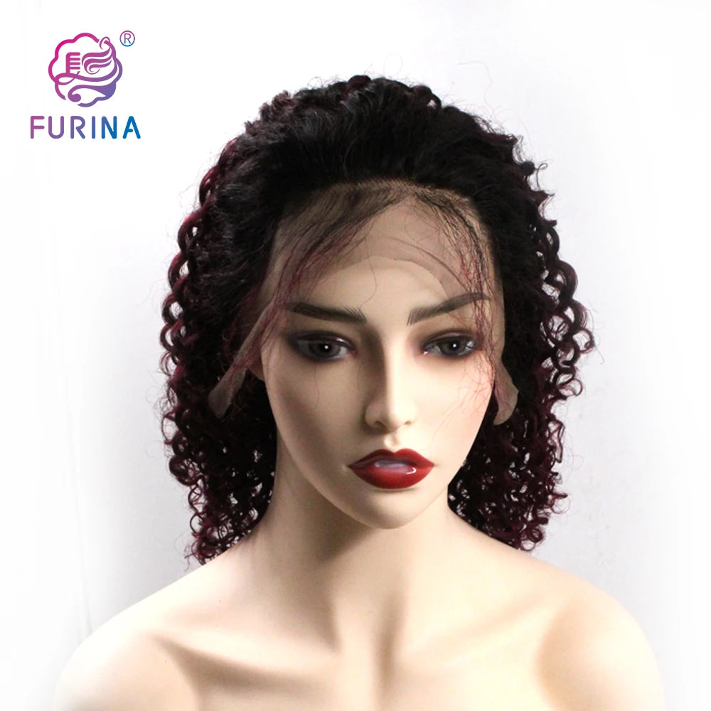 Ombre Color 1B/99J Short Water Wave 150% Brazilian Human Hair Lace Front Wigs Short BOB Wigs