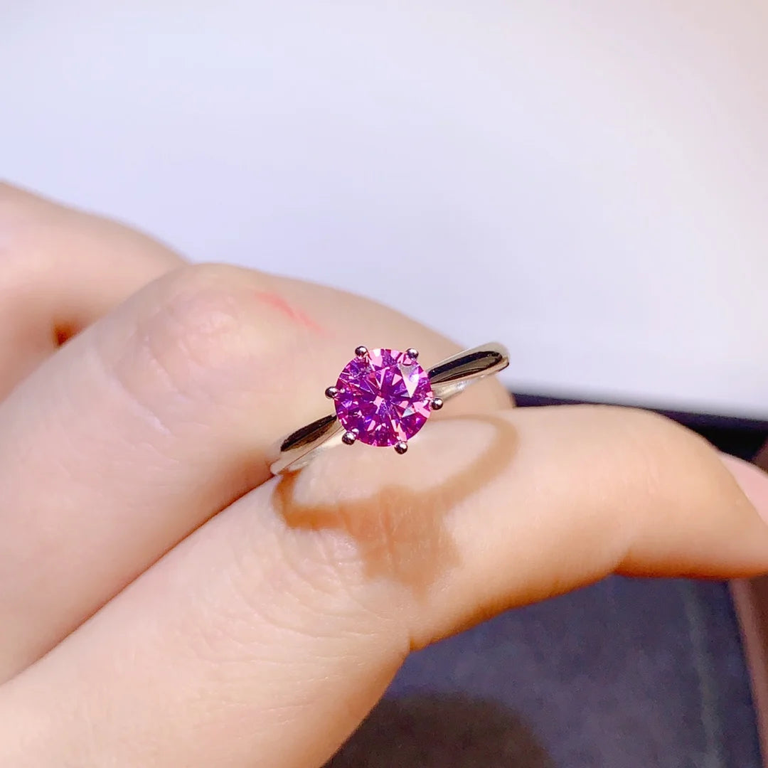 Silver 925 Original 1 Carat Sparkly Diamond Test Past Round Brilliant Cut Pink Moissanite Ring Romantic Wedding Jewelry