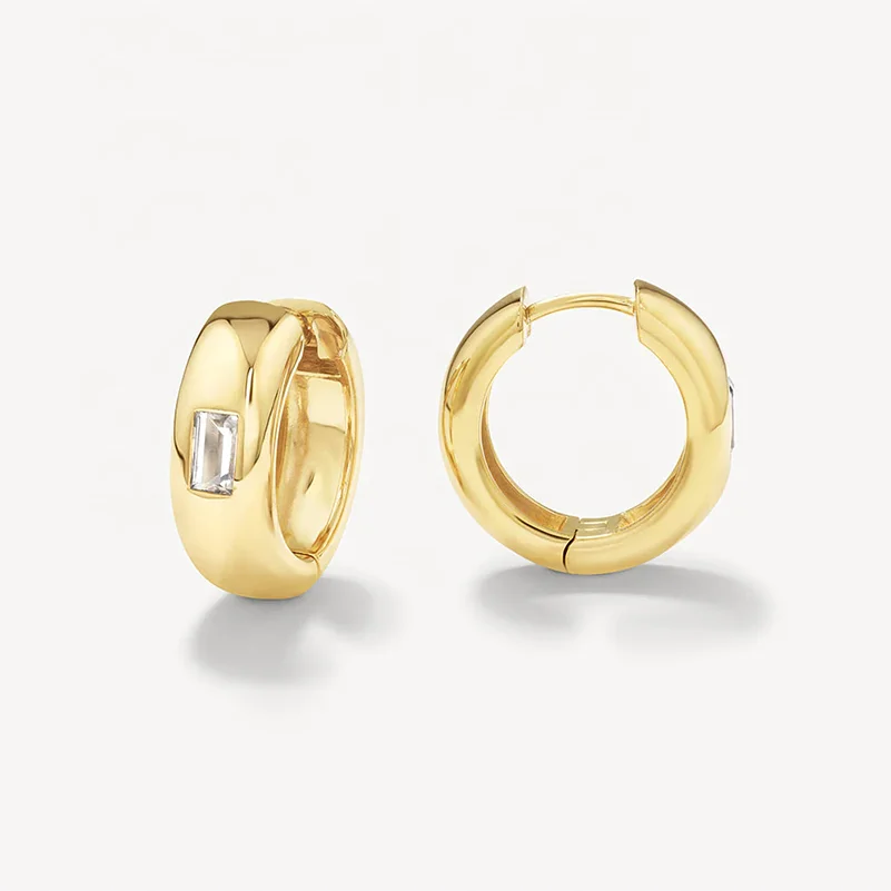 LOZRUNVE 925 Sterling Silver Bulk Indian Jewelry Single Stone Baguette Wide Hoop Earring Gold Plated