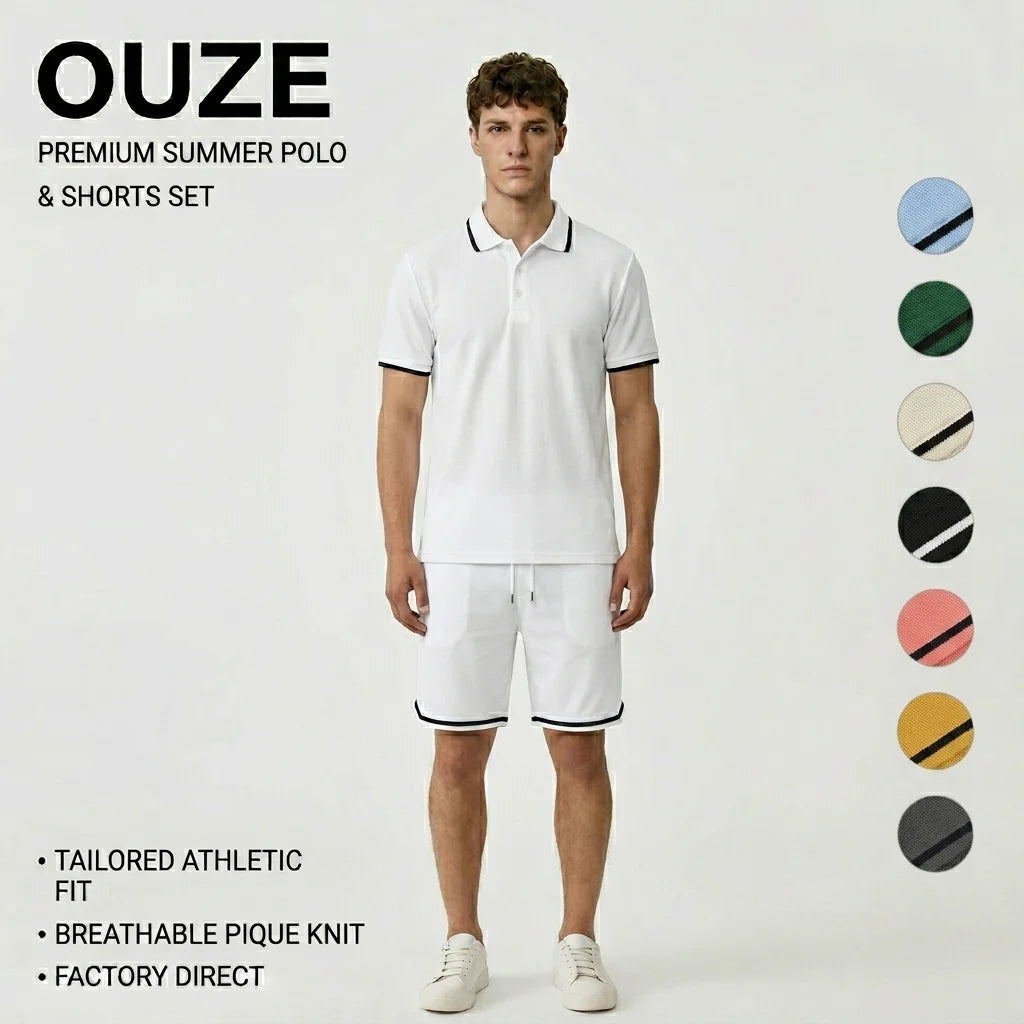 Summer Men's Casual Track Suit Sets Custom Logo Solid Color Breathable Knitted Fabric Polyester/Cotton Two-Piece Short Sleeve