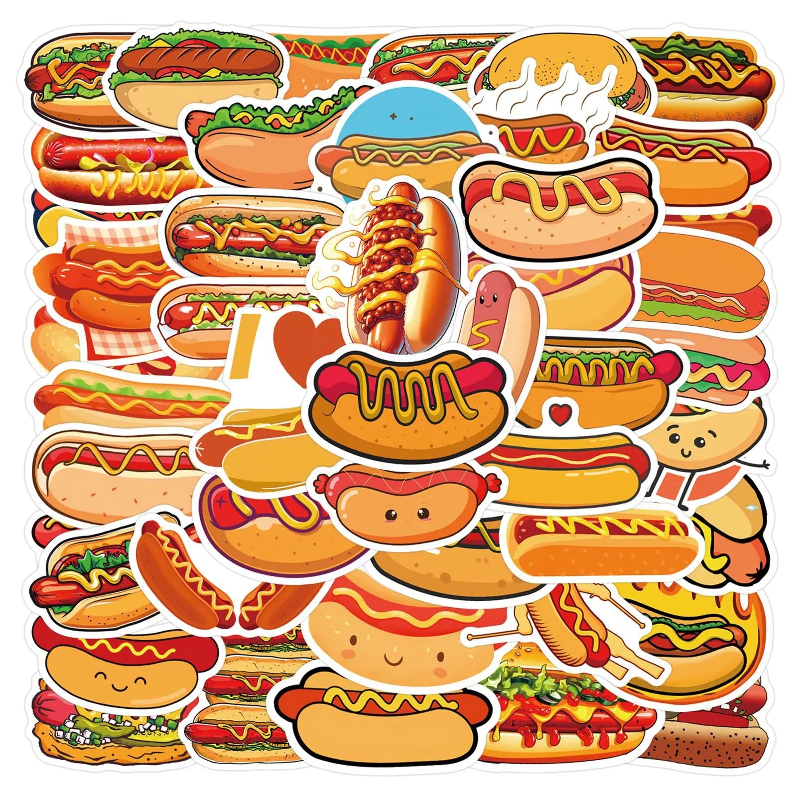 55Pcs Cartoon Hot Dog Food Graffiti Stickers for Kitchen Wall Decor American Street Food Sticker