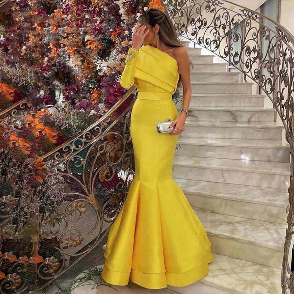 Arabic Elegant One Shoulder Mermaid Yellow Evening Dresses for Women Wedding Party 2024 Dubai Blue Formal Gown SF014