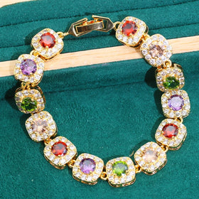 Women's Custom Geometric Trendy Design 18K Gold Plated Wedding Jewelry Multicolor Zircon Bracelet Bridal Birthday Gift Alloy