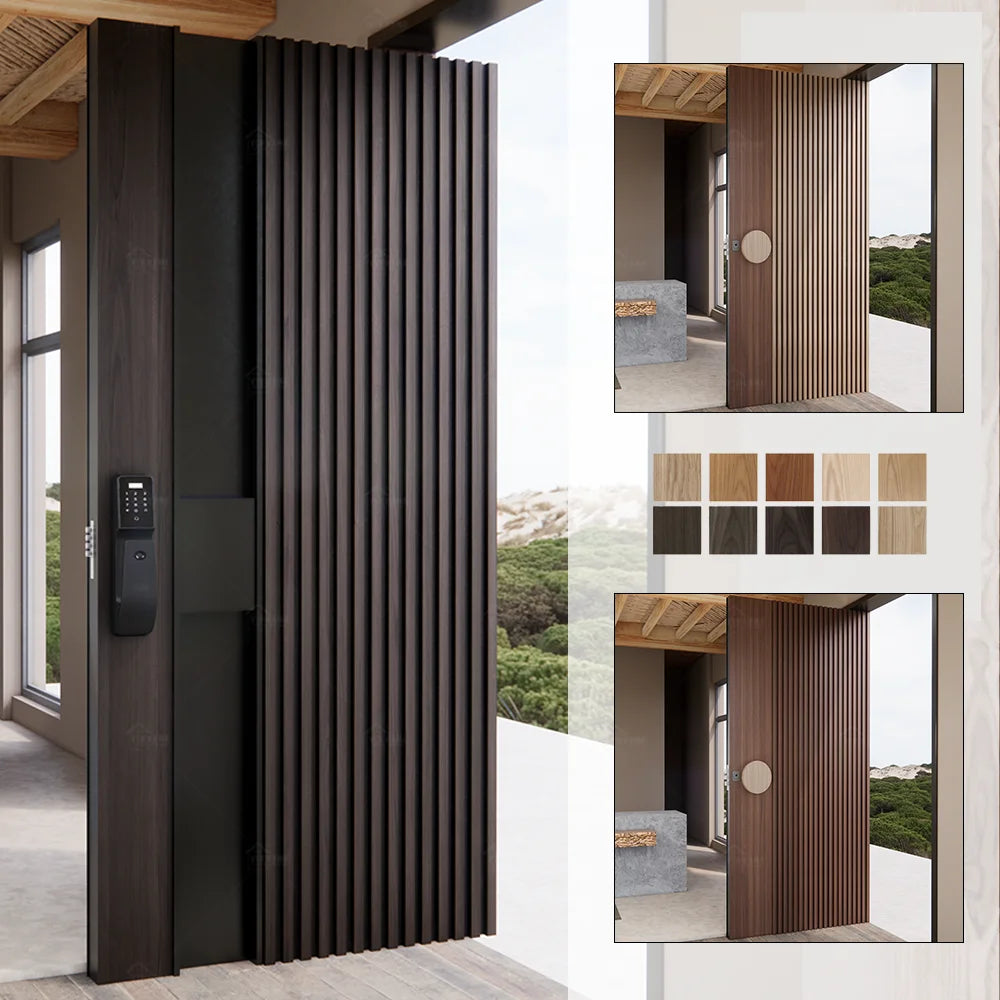 Yohome New Style Modern Residential House Entrance Door Teak Lamination Wood Front Entry Exterior Doors with Fingerprint Lock