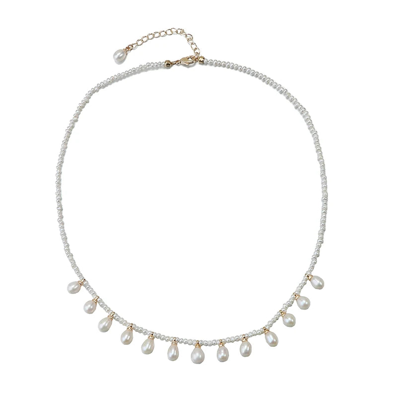 Latest Design Freshwater Pearl Necklace Droplet Shaped Pearls Necklace Copper Plated with 18K Gold Small Pearl Necklace