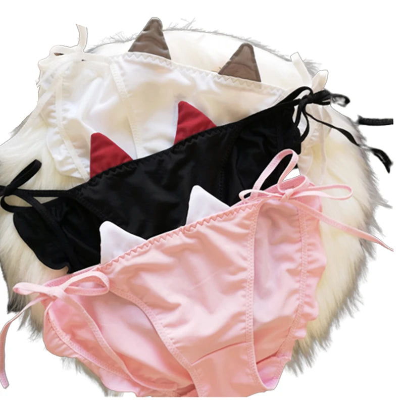 Solid Color Satin Silk Funny Cat Ear Lingerie Women Seamless Ladies Panties Underwear