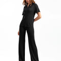 Knit Short Sleeve Tops Wide Leg Pants Slim Fashion 2 Piece Women Set