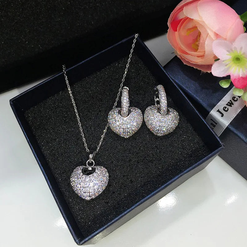 Vintage Simple Love Heart Pendant Necklace Earrings Set Hollow Zircon Jewelry for Women's Wedding