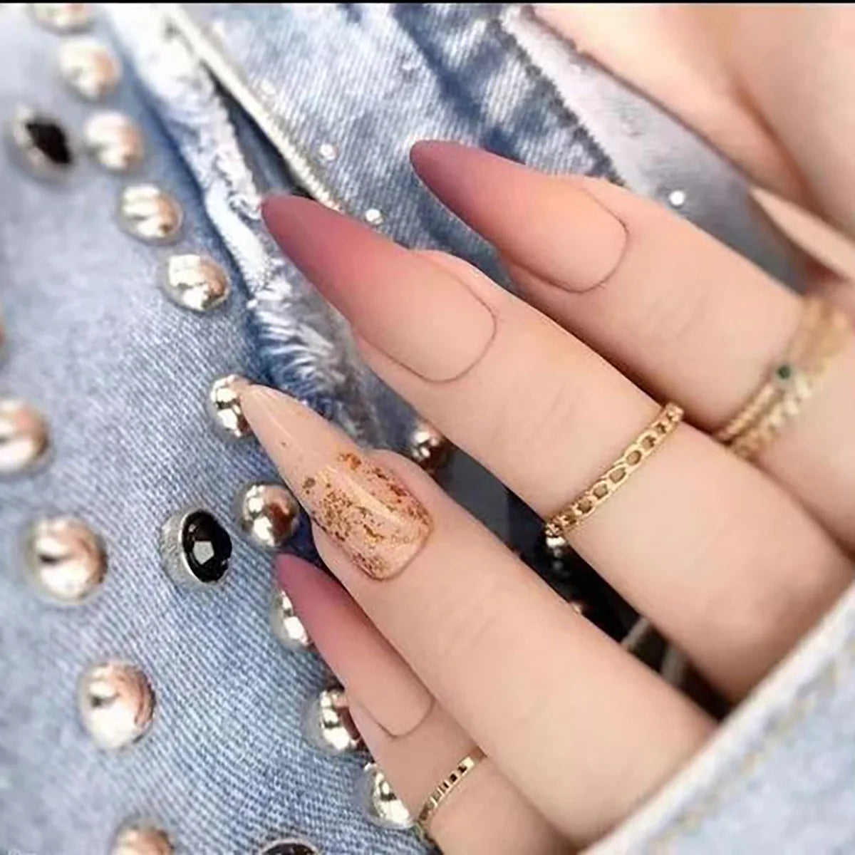 Long Stiletto Matte Pink Gold Glitter Strips Manicure Set False Finger Full Cover Artificial Press on Nails Tips