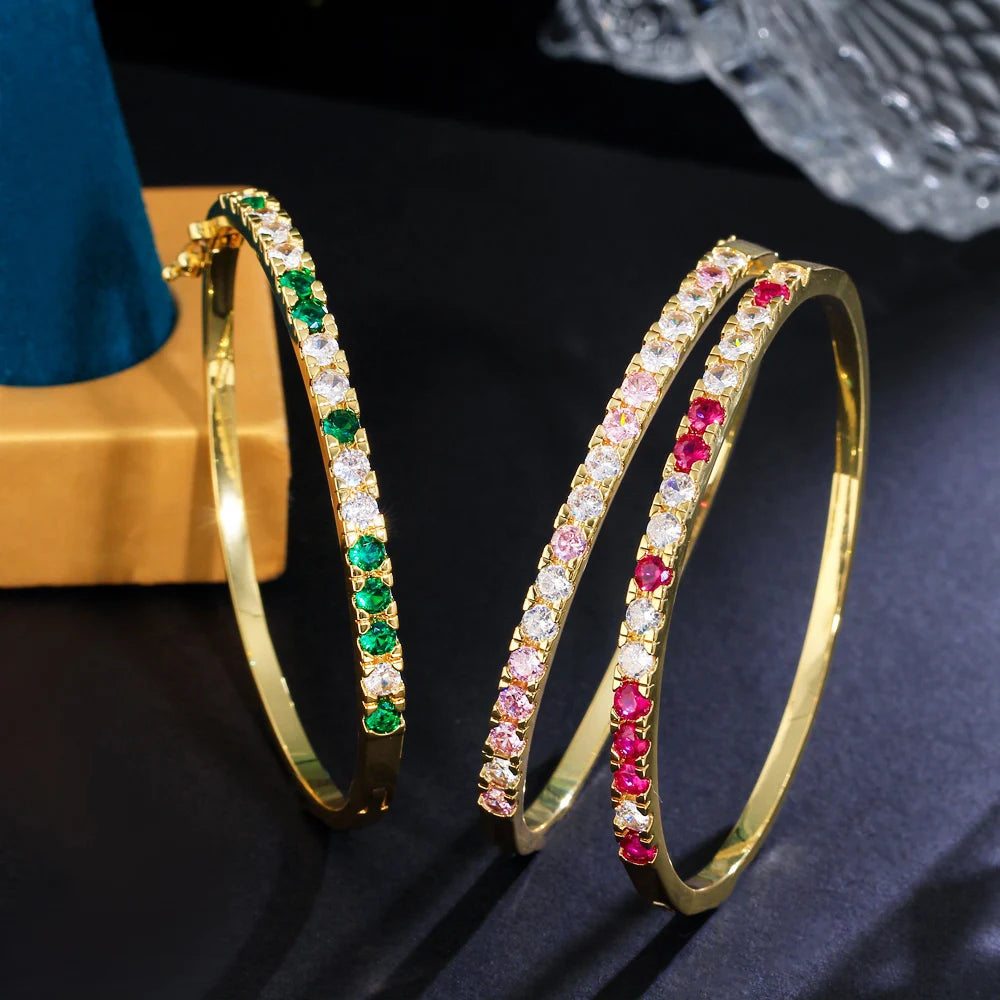 Classic Bling Round Cubic Zircon Pave Gold-Plated Wedding Green Tennis Bangle for Women Trendy Jewelry Bracelets Accessories