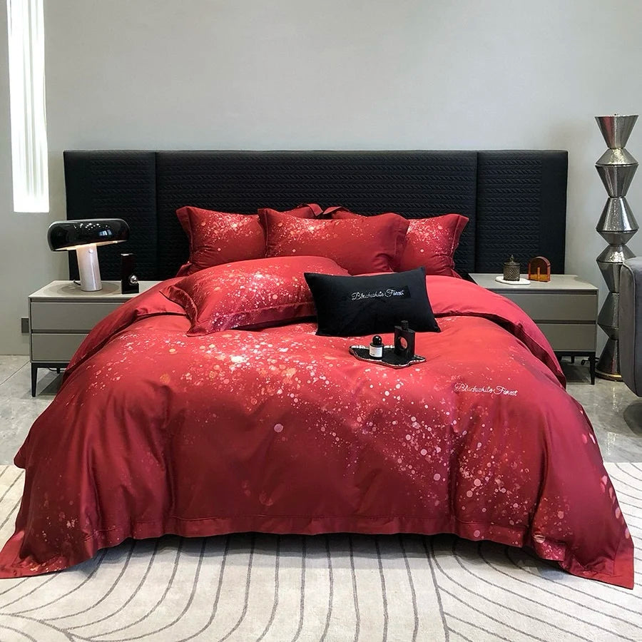 Elegant Design Red Full Size Digital Printing Adult Pillowcases Luxury Lyocell Cotton Sateen Comforter Cover Bedding Set