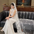 Elegant Embroidered Bridal Veil for Women White Lace Edge 3.5M Length Soft Tulle Fabric Retro Korean Style Wedding Headdress