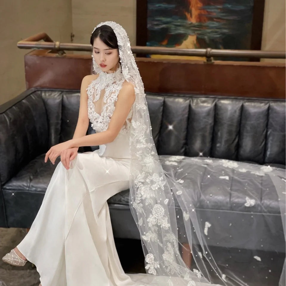 Elegant Embroidered Bridal Veil for Women White Lace Edge 3.5M Length Soft Tulle Fabric Retro Korean Style Wedding Headdress