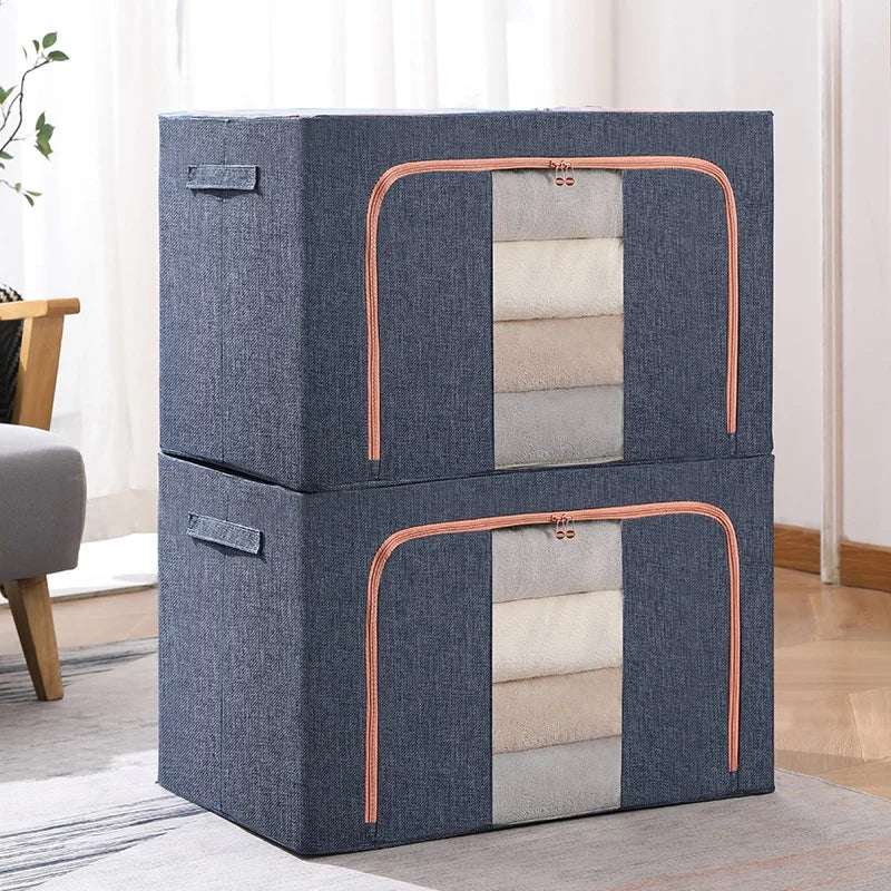 Hot Selling Wardrobe Foldable Clothes Storage Organizer Bag Large Capacity Waterproof Linen Steel Frame Storage Box 2 Pack