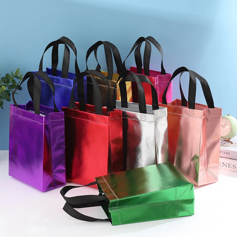 Custom Print Logo Reusable Metallic Shiny Non-woven Tote Bag Environmental Packaging Advertising Gift Shopping Bag Wholesale