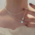 Silver Color Double Love Heart Shaped Moonstone Pendant Necklace Women Gradient Gemstone Clavicle Chain Couple