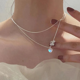 Silver Color Double Love Heart Shaped Moonstone Pendant Necklace Women Gradient Gemstone Clavicle Chain Couple