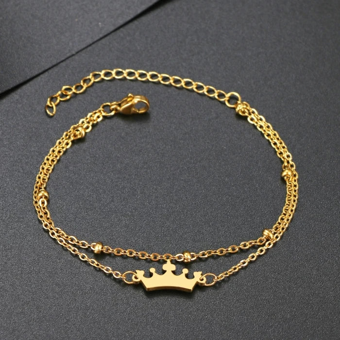 Classic Fashion Style 18K Gold Plated Stainless Steel High Polish Luxury Delicate Double Layer Crown Bracelet for Women Wedding