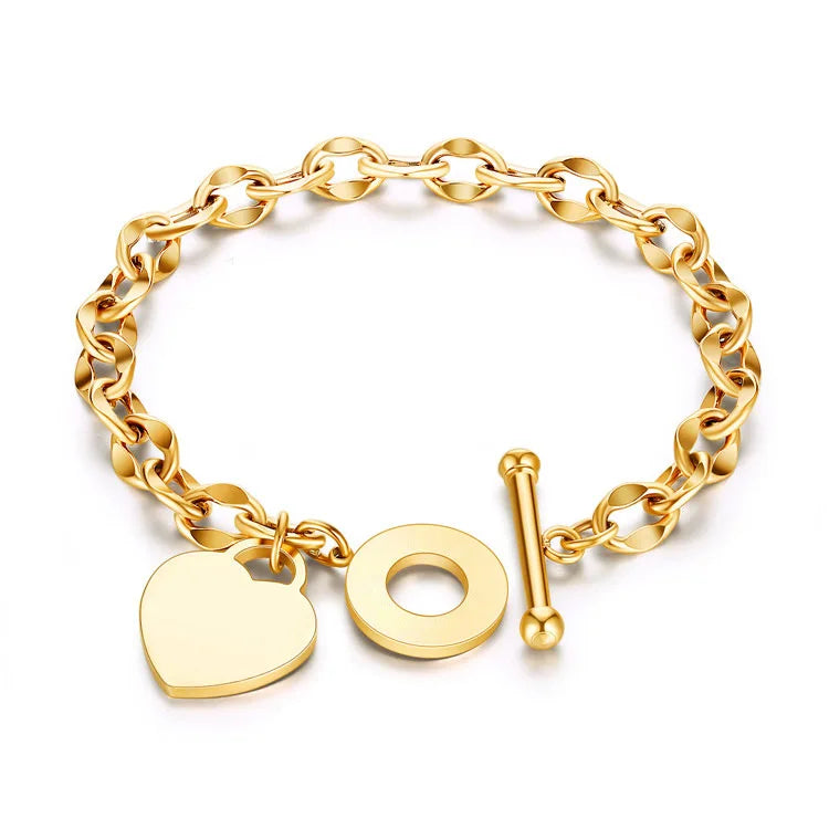 Stainless Steel Gold-plated Classic Fashion Chain with OT Clasp Heart-shaped Pendant Women's Party Occasion Bracelet