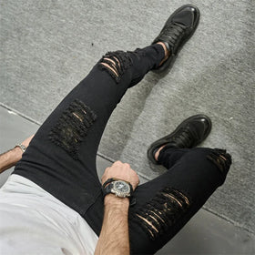 RNSHANGER Streetwear Ripped Slim Men Pencil Jeans Pants Stylish Male Hip Hop Stretch Holes Casual Denim Trousers for Men