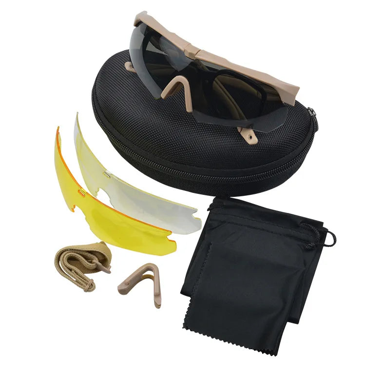 2025 Stock Sports Riding Glasses 3 Piece Lens Ballistic Eyeshield Sunglasses Tactical with Myopia Frame