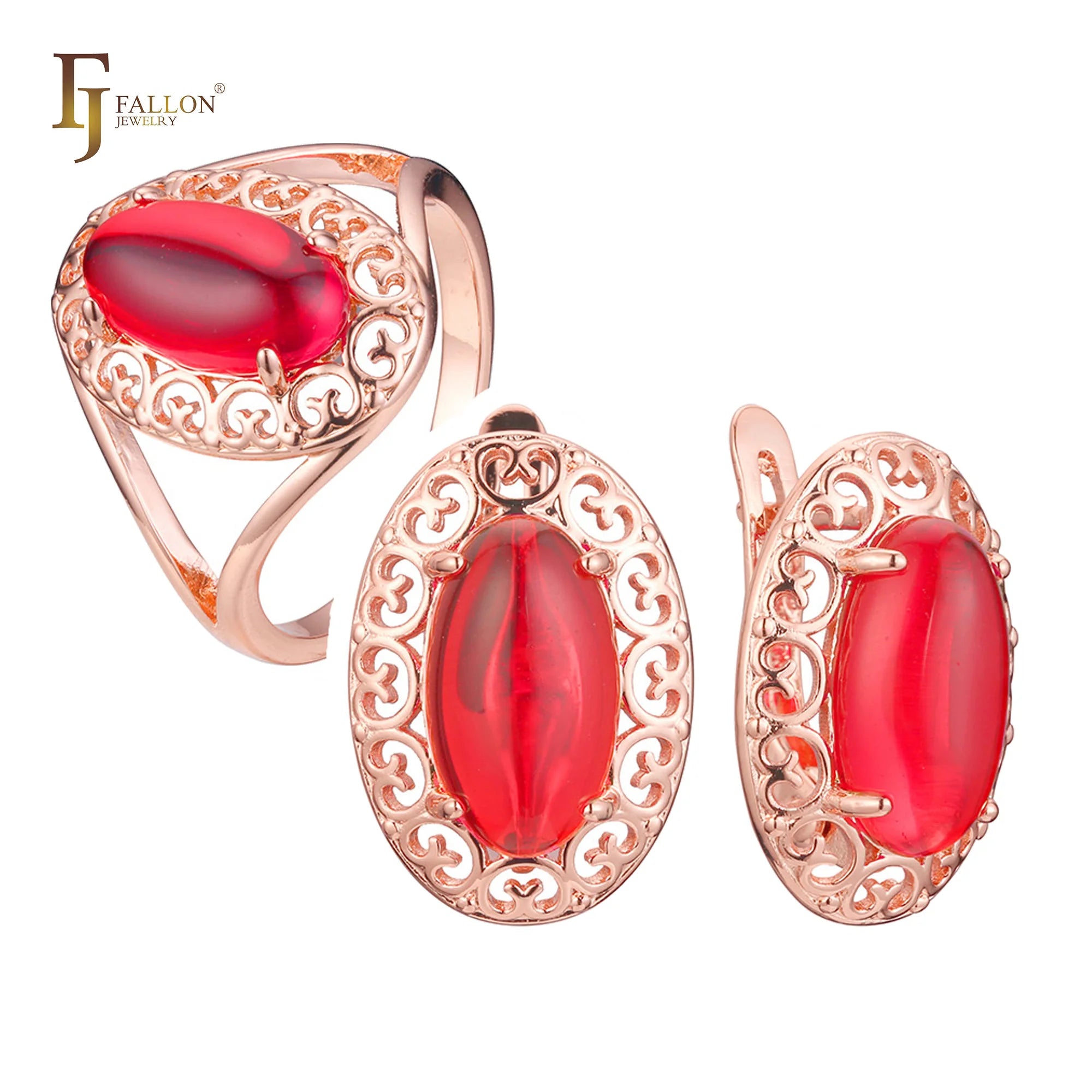 FJ Fallon Fashion Jewelry Big Solitaire Halo Jewelry Set With Rings Filigree Plated in Rose Gold Brass Based