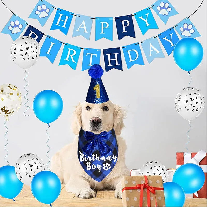 Dog Birthday Party Decorations Supplies Plaid Bandana Number Hat Bowtie Set for Boys & Girls for Summer & Winter Seasons