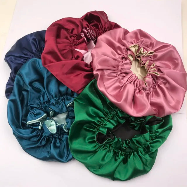 Colorful Ready Stock Adjustable Ruffled Drawstring Custom Double Layer Satin Hair Designers Bonnets