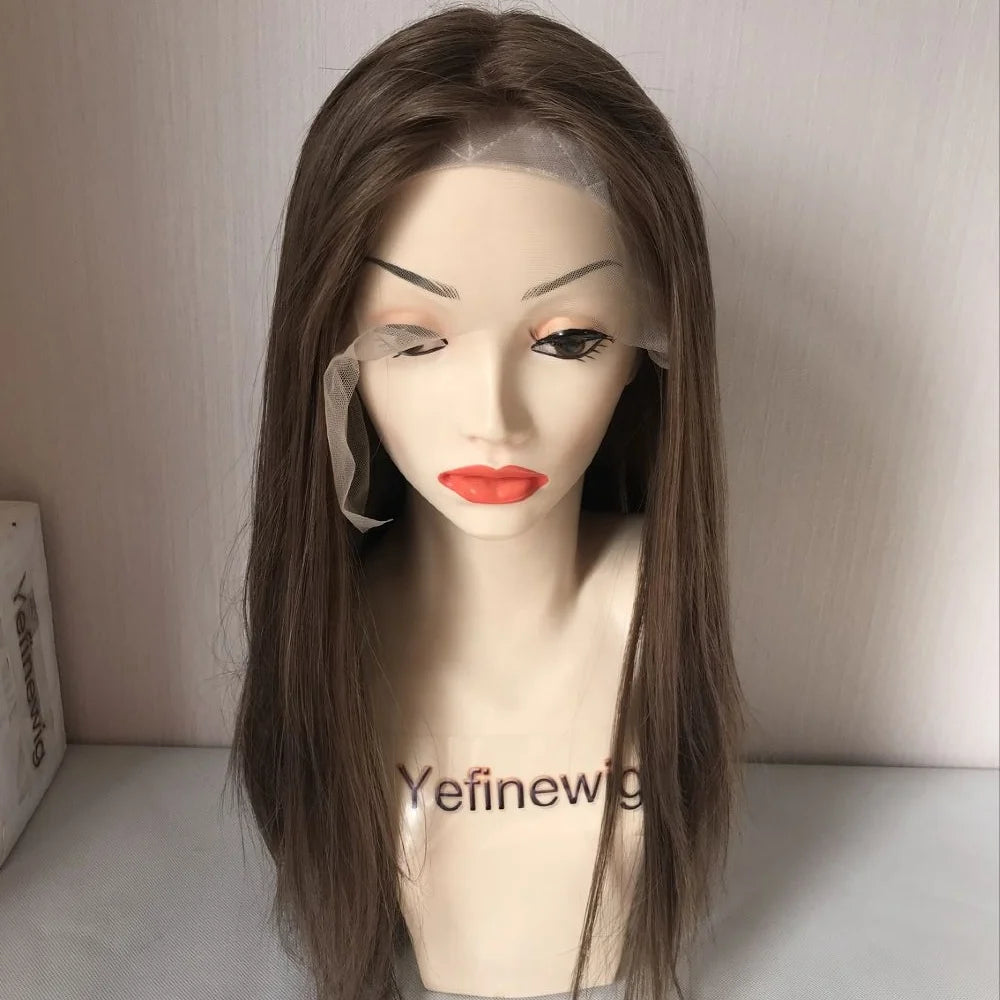 Wholesale Mongolian Remy Hair Light Brown #8 Jewish Lace Front Wigs Natural Color Transparent Lace