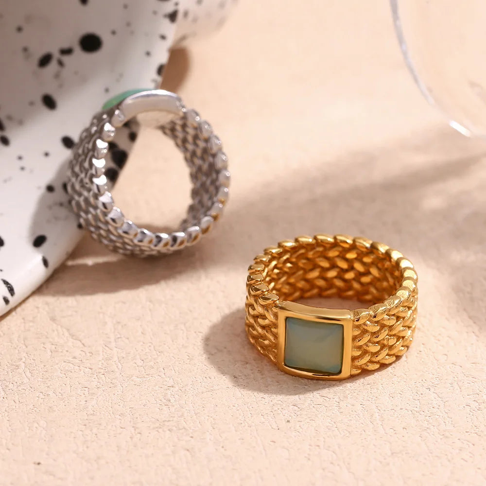 Luxury Waterproof Stainless Steel 18k Gold Plated Wovensquare Natural Stone Watch Band Women Fashion Jewelry Rings