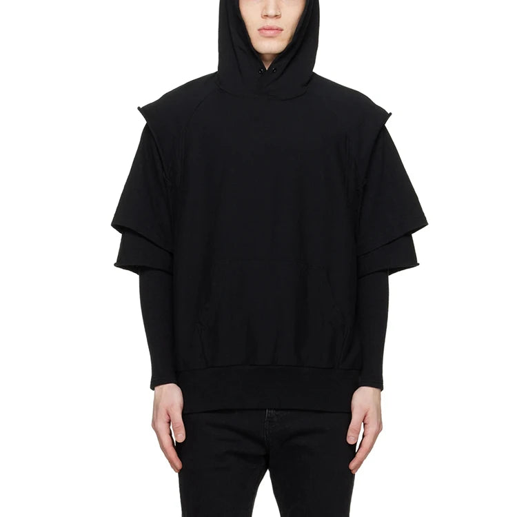 Customized Unisex Layered Sleeves Hoodie Oversized Asymmetrical Cut Mock Two Piece HighStreet Wear Pullover With Kangaroo Pocket