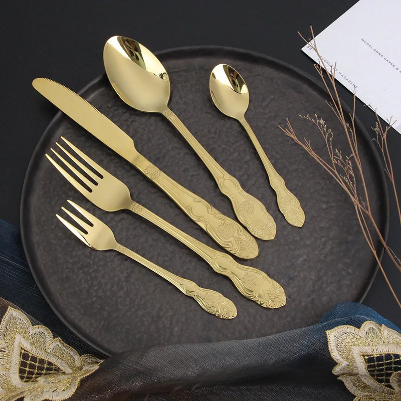 European Retro Gold Patterned Western Style Stainless Steel Five Piece Set Restaurant Steak Knife Fork Spoon Flatware