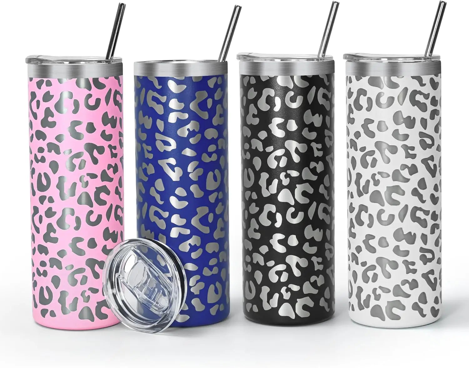 20oz Stainless Steel Insulated Vaccum Straight Skinny Leopard Tumbler with Lid and Straw