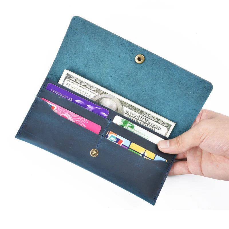 Wholesale Crazy Horse Genuine Leather Long Purse Custom Checkbook Holder Credit Card Wallet Open Button Vintage for Men Women