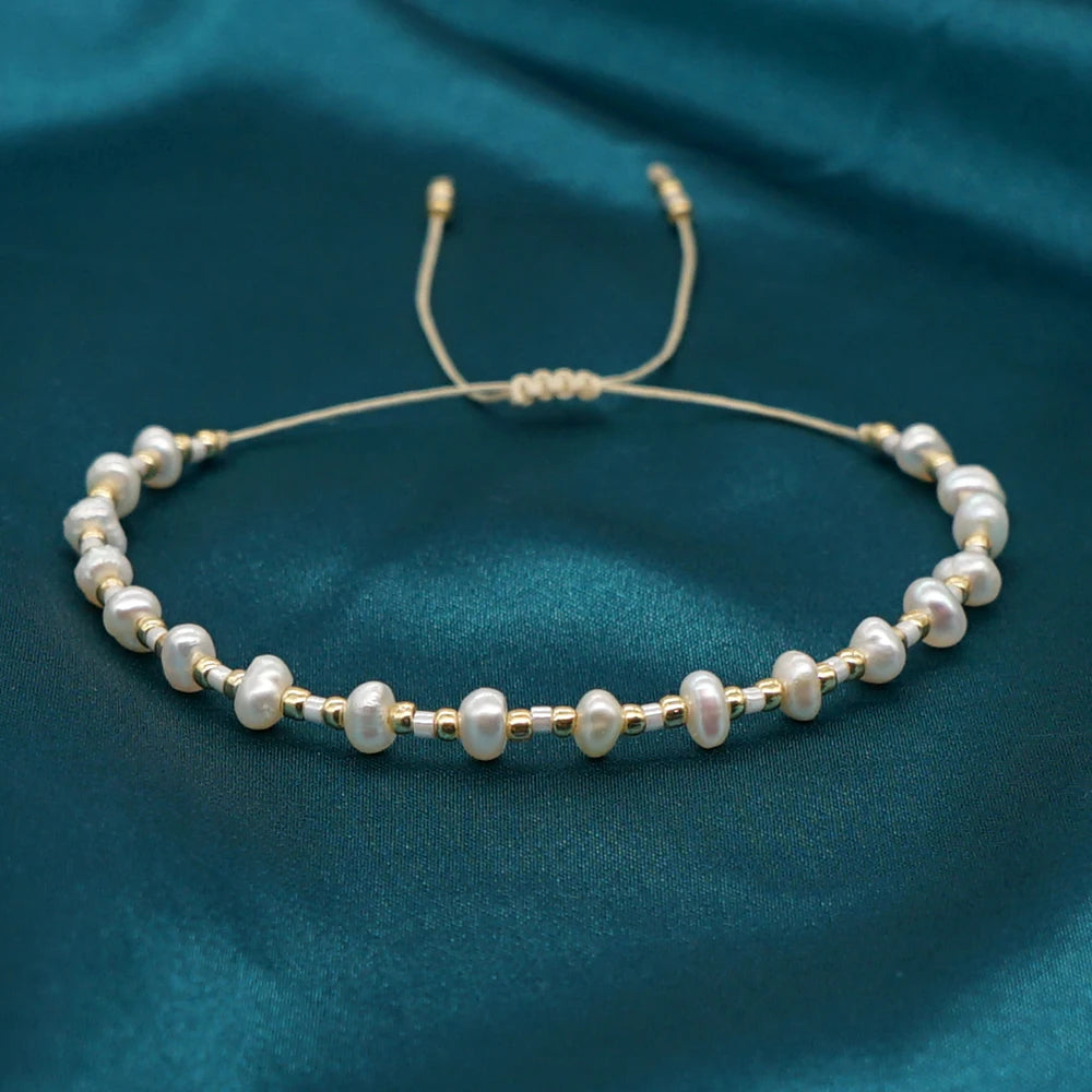 Go2BoHo Gold Bead Dainty Pearl Bracelet Elegant Jewelry Tiny Real White Pearl Two Tone Bracelets for Women Jewelry Gift