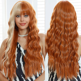 Factory Wholesale Curly Orange Copper Ginger Ombre Blonde Long Wavy Wigs with Bangs for Women Cosplay Christmas Wig