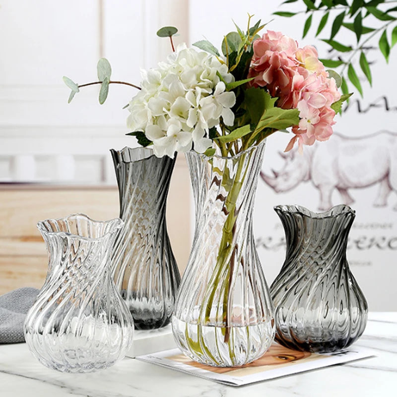 Wholesale Modern Luxury Home Deco Big Irregular Mouth Colored Glass Vase Transparent Gray Vase Abstract Striped Clear Glass Vase