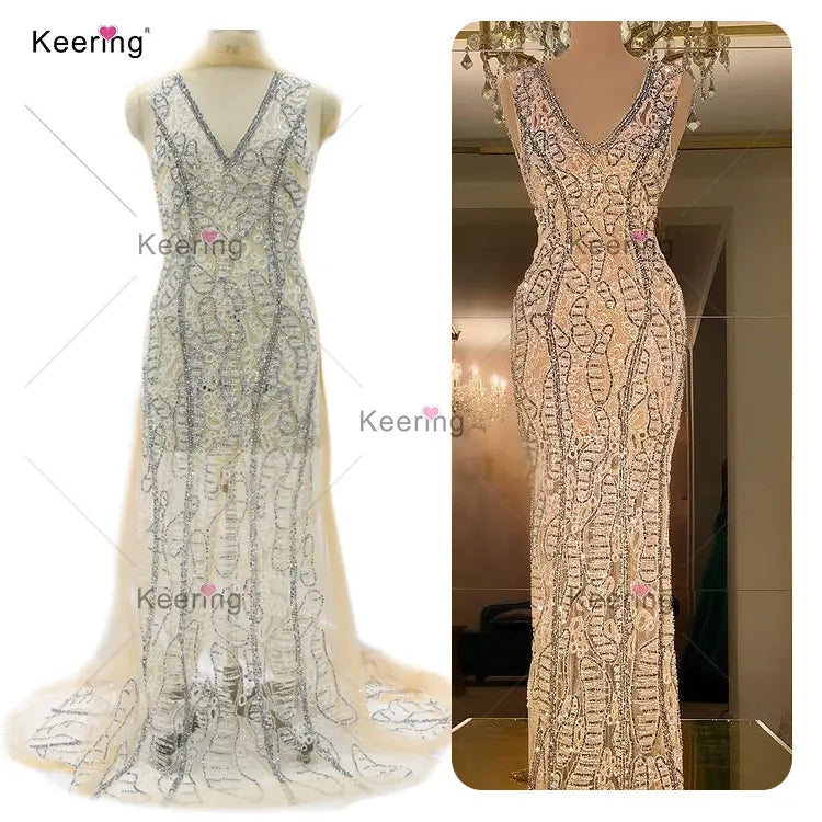 Pink or White Elegant Party Wedding Evening Dress Long Full Body Applique Rhinestone Fabric