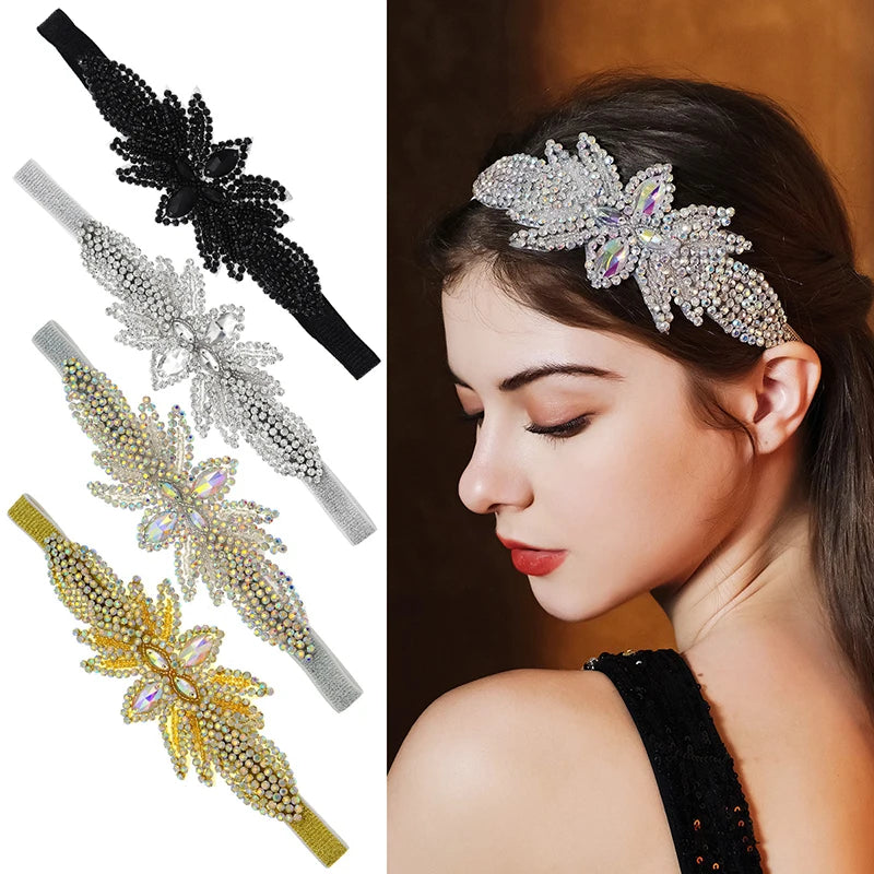 Vintage Rhinestone Flapper Headband-Elastic Headpiece 1920s Tiara Hair Accessories Women Jewelry
