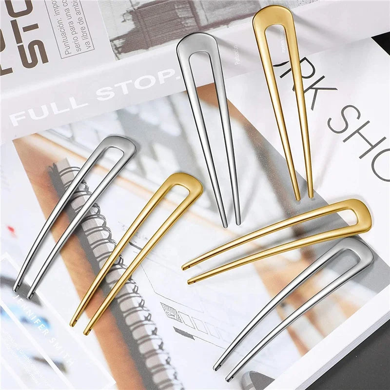 2 Prong Updo Silver Gold Plated Metal Branch Sticks French Hairpins Hair Forks Shiny Frosted Hairpins U Shape Hair Pin for Girls